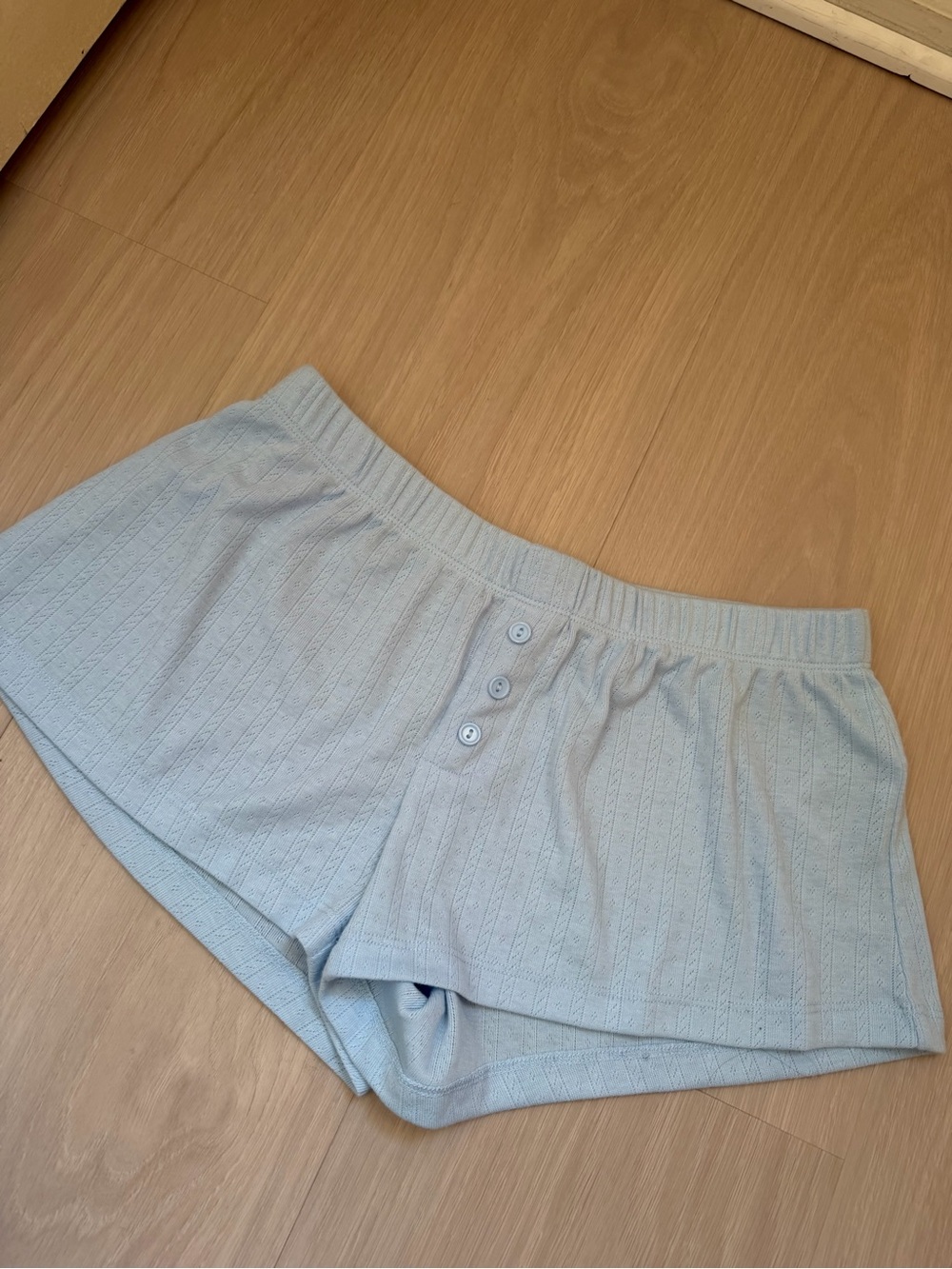 Edikted Light Blue Knit Lounge Shorts with Button Front